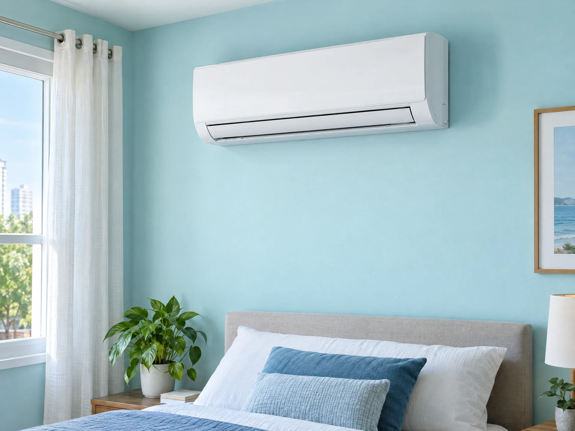 Imagem gerada e ilustrativa de uma unidade interna Split Hi-Wall; não representa um modelo específico