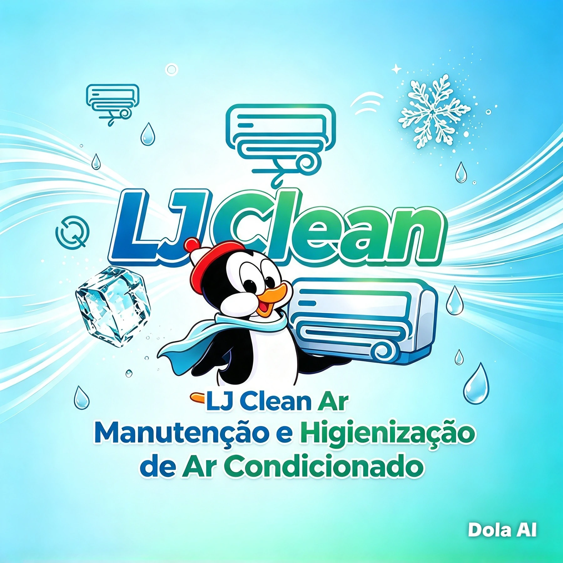 Arte principal da LJ Clean Ar com mascote, flocos de neve e destaque para manutenção e higienização de ar-condicionado